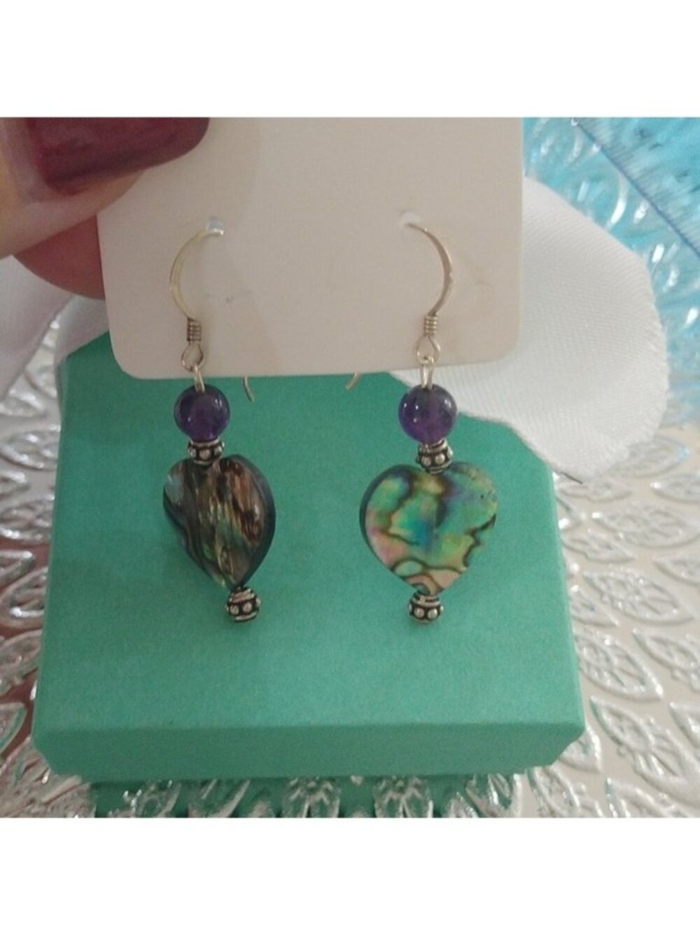 Sterling Silver, Amethyst + Abalone Shell Dangle Earrings